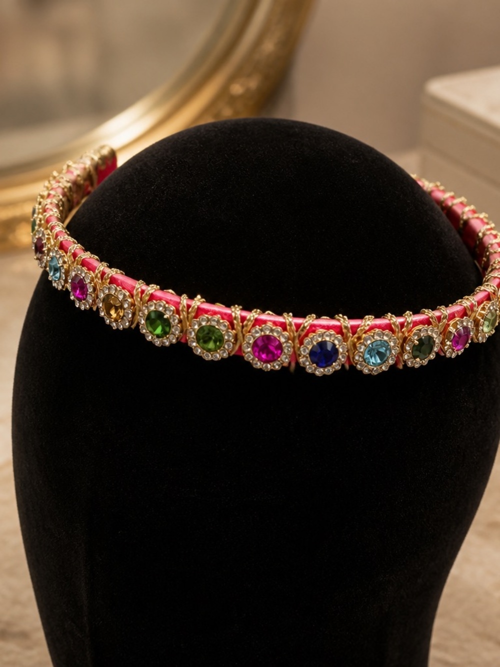 Bright Pink Jeweled Multi-Color Crystal Headband